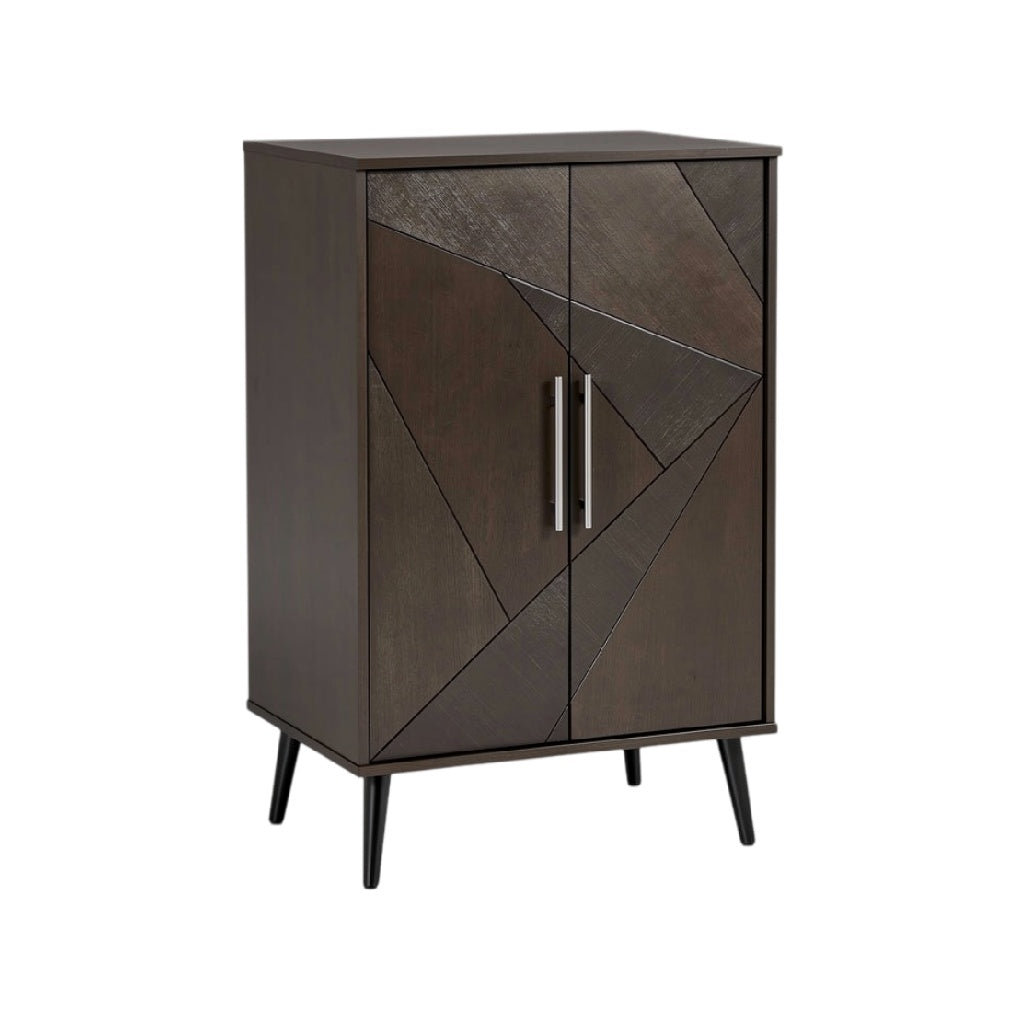 **Armoire contemporaine en bois avec motifs géométriques et pieds en métal**